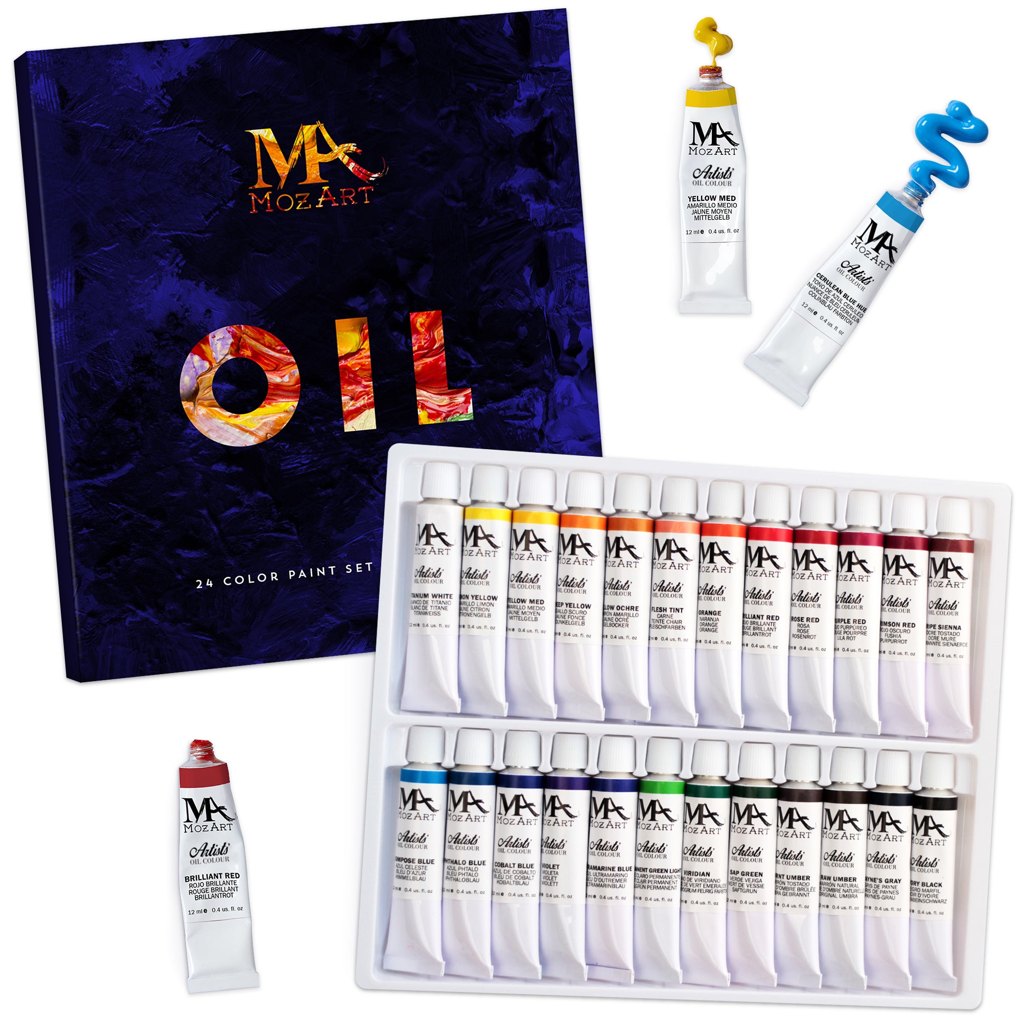 MozArt Supplies Oil Paint Set - 24 Paint Colors 12ml Tubes