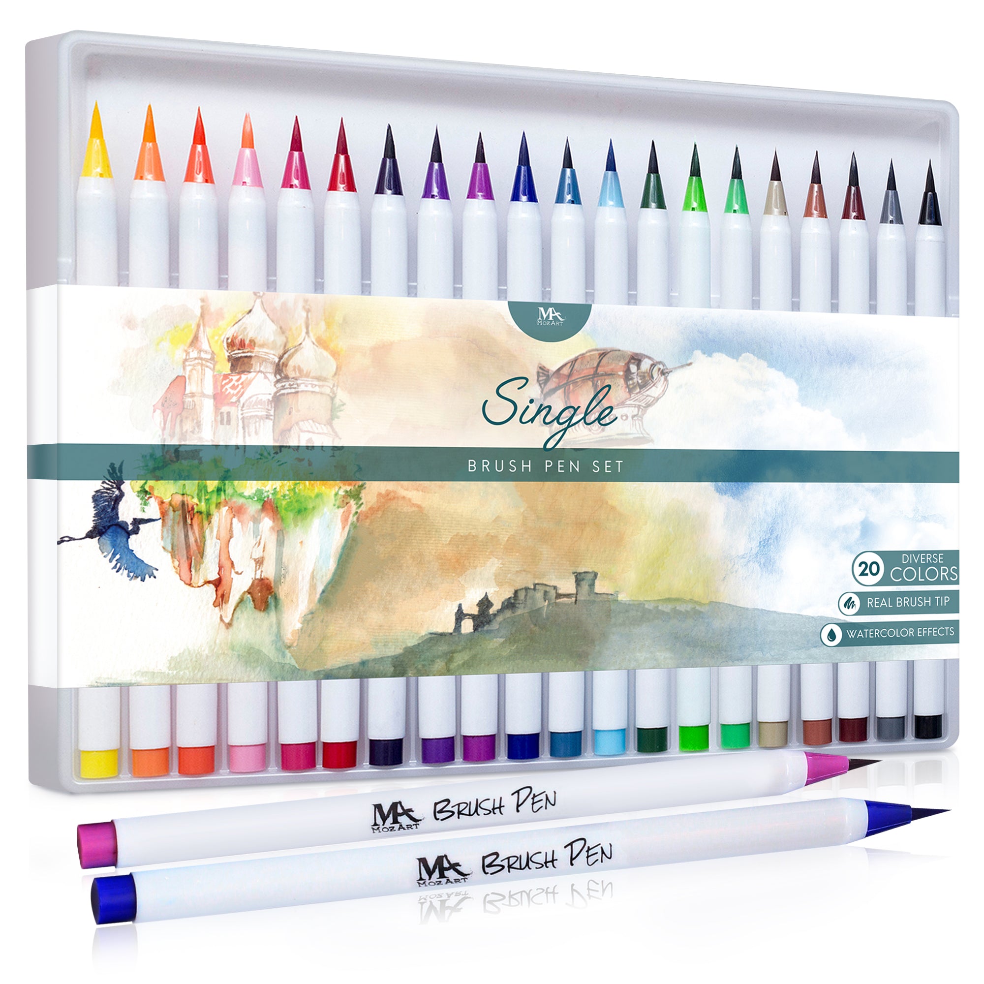 Mozart Supplies Water Brush Pens - Set of 6 Brush Tips - Great for Watercolor Paints, Water Soluble Pencils, Brush Pens, Markers - Refillable Brush