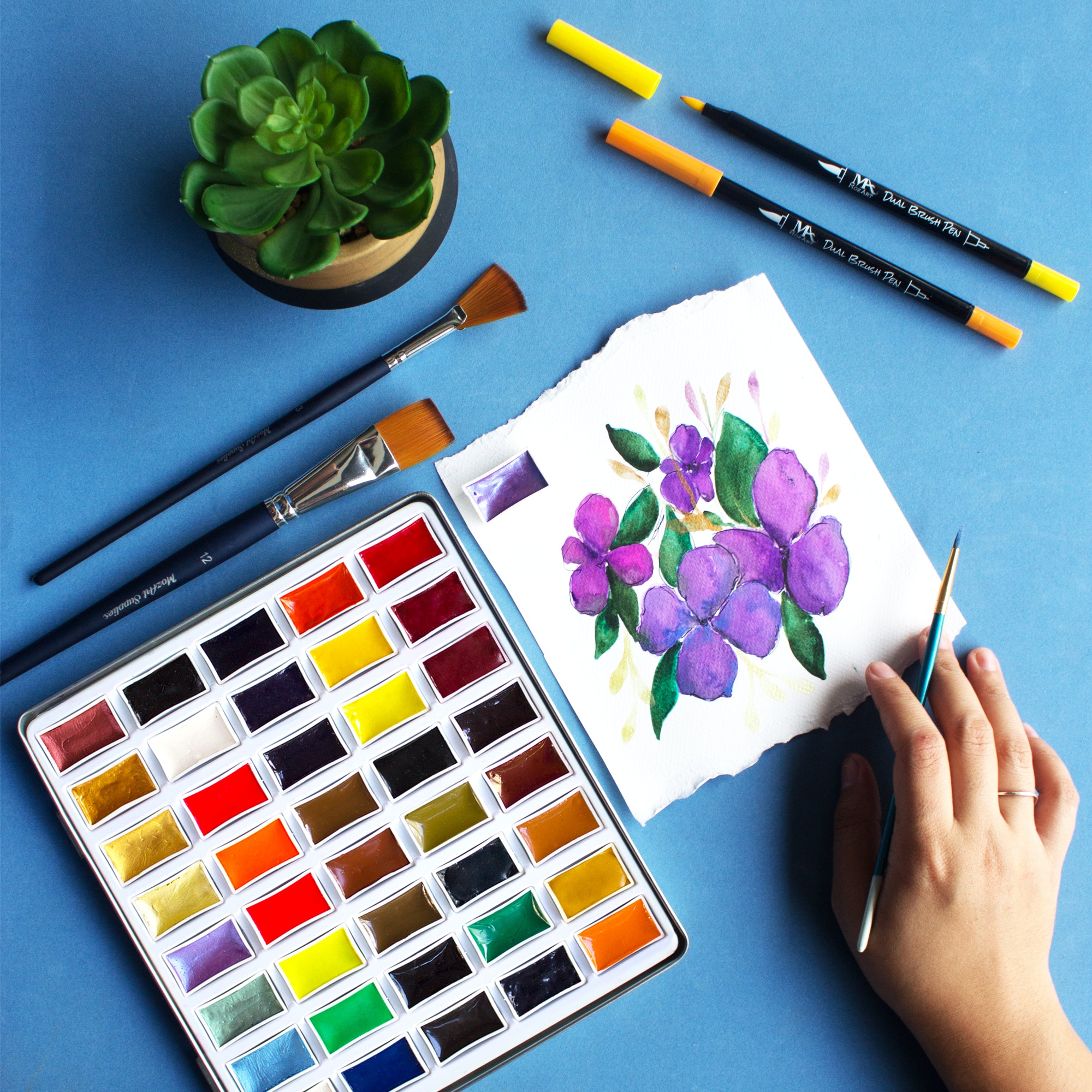 MozArt Supplies - Watercolor paint set 51 Vibrant Colors + accessories -  For beginners & professionals