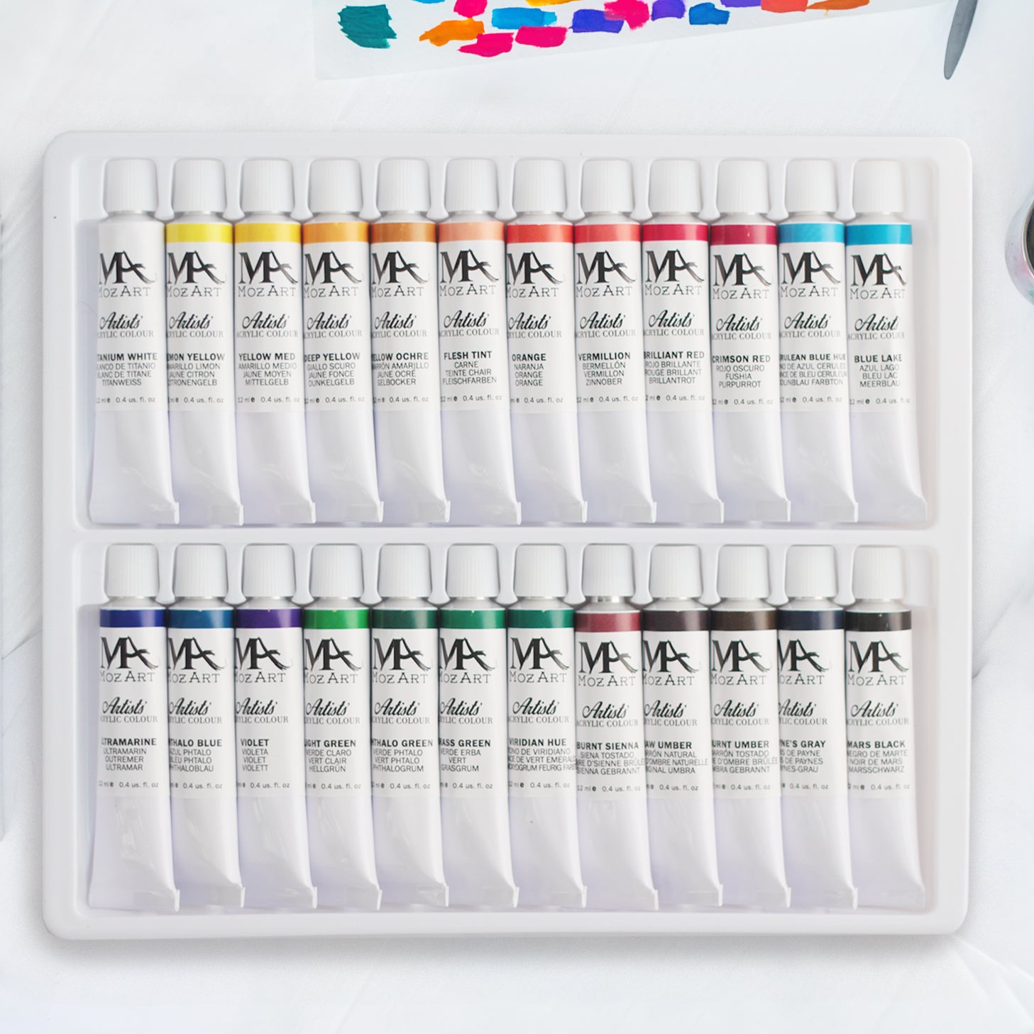 MozArt Supplies Acrylic Paint Set - 24 Colors 12 Milliliter Tubes